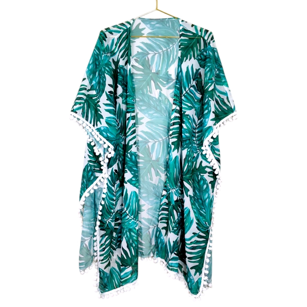 Bridesmaid Tropical Palm Leaf Kimono Beach Swim Cover-Up w/ Pom Pom Trim